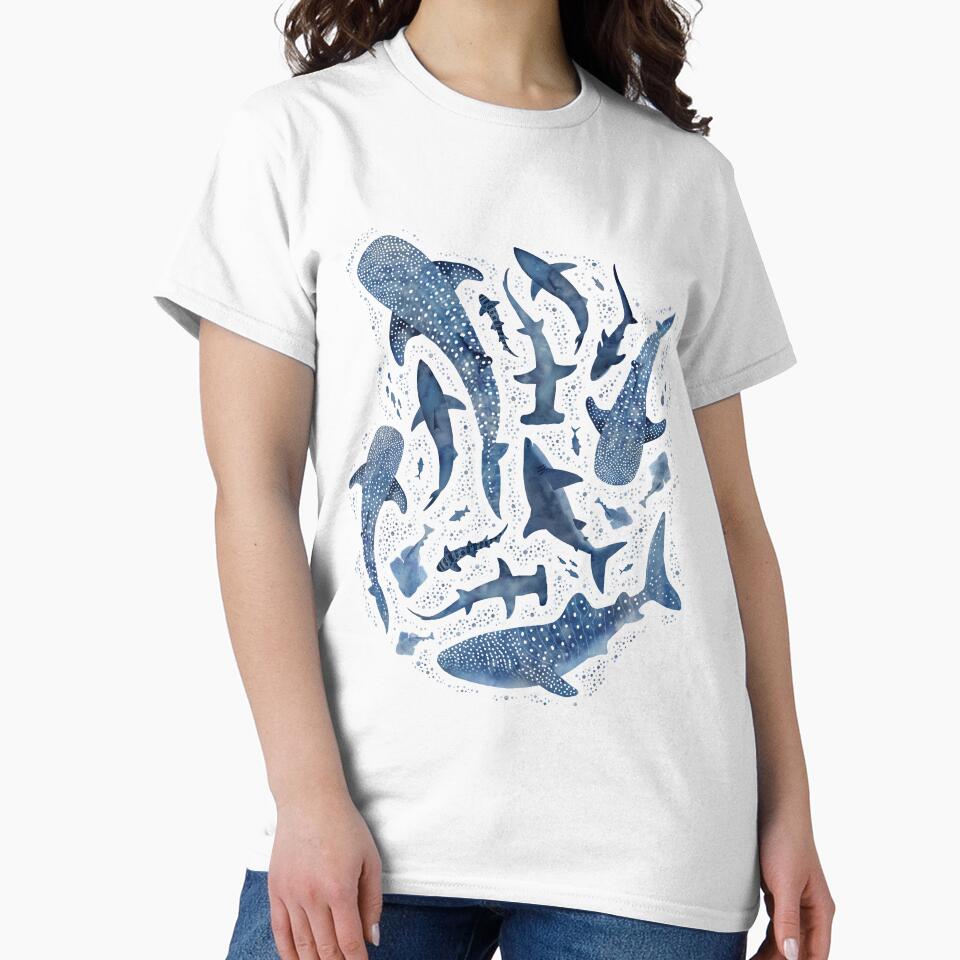 Monochrome blue watercolour shark ocean on white by adenaJ