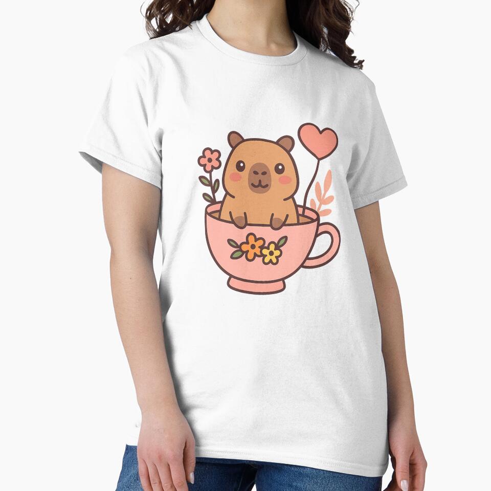 Kawaii Capybara in a Teacup – Cute Pastel Animal Illustration by Happy Dots Studio T-Shirts, Hoodie, Sweatshirt (Image 2)