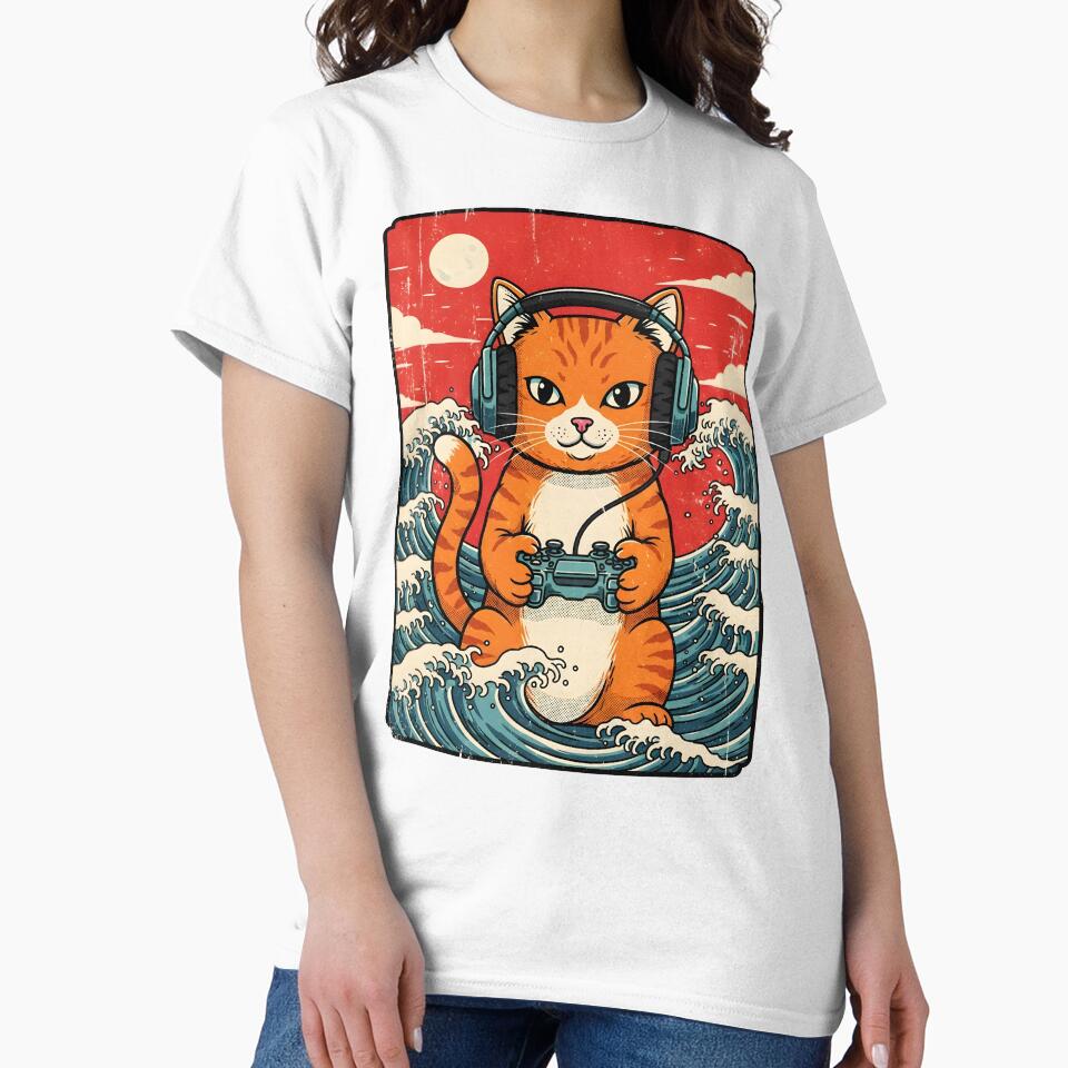 Cute Anime Gamer Cat Japanese Gaming Retro | Great Wave Kawaii Controller Sunset by motivato T-Shirts, Hoodie,... (Image 2)