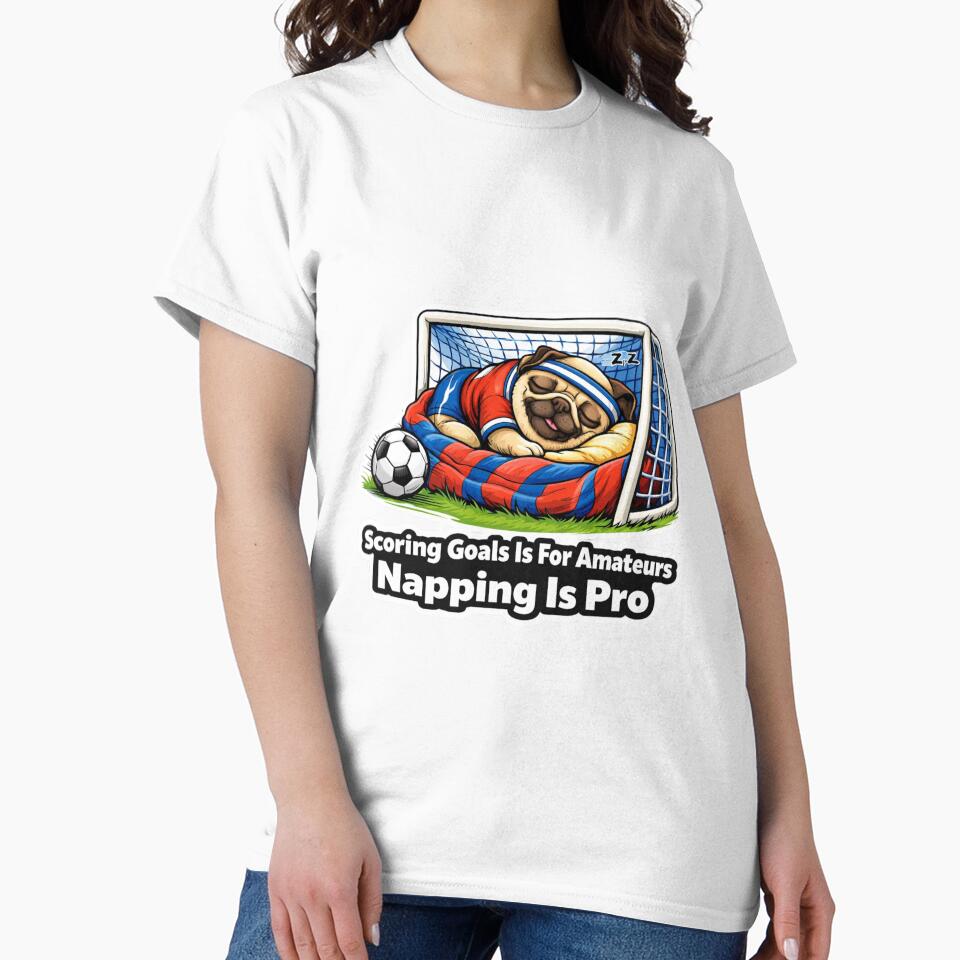 Lazy Pug in Goal Napping Soccer Funny Gift T-Shirt by Gentlestate