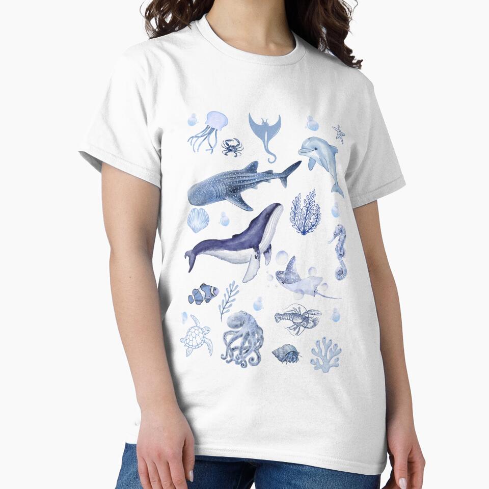 Watercolour Sea Animals Blue Illustration | Ocean Creatures Marine Life Design by KiTiStudio T-Shirts, Hoodie,... (Image 2)