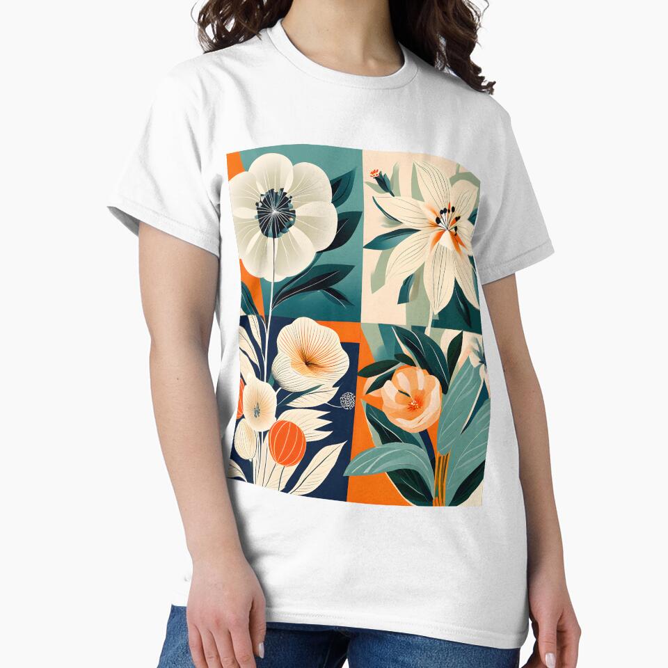 Mid Century Botanical Retro Geometric Leaves  Florals  Tangerine, Cream by Prints and Lifestyle T-Shirts,... (Image 2)