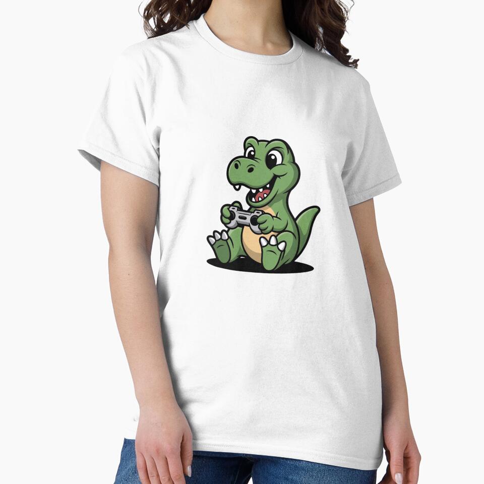 Cute Gamer Dinosaur Playing Video Games – Funny Gaming Cartoon Design by Human After All T-Shirts, Hoodie,... (Image 2)