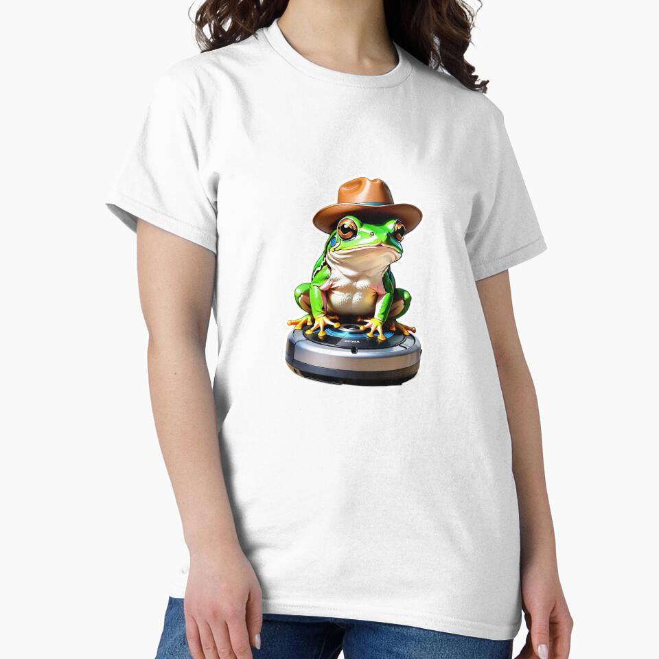 Dumpy Tree Frog Riding Roomba Sticker T-Shirts, Hoodie, Sweatshirt
