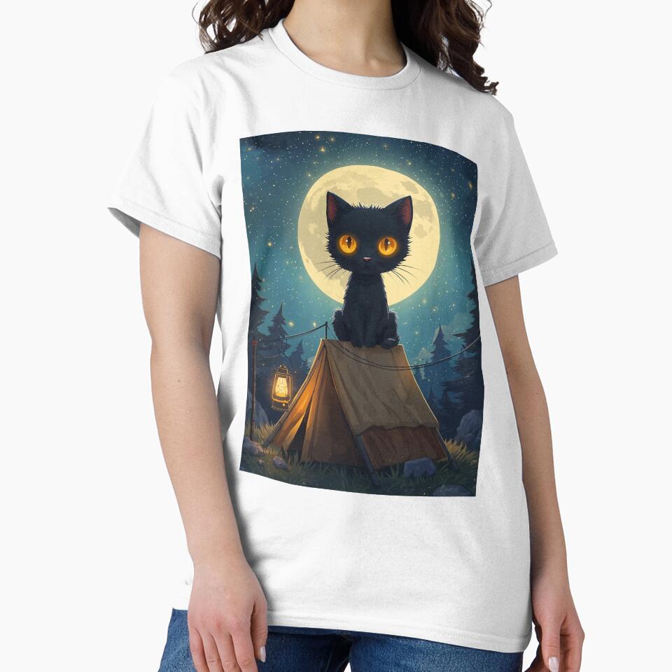 Black Cat Moonlit Camper Tent Full Moon T-Shirt | Mysterious Camping Cat Art by Falconwolf