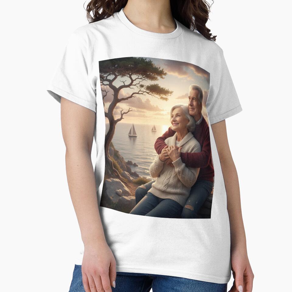 Timeless Love at Sunset – Romantic Elderly Couple by the Sea | Forever Together Art by VibeVauilt T-Shirts,... (Image 2)