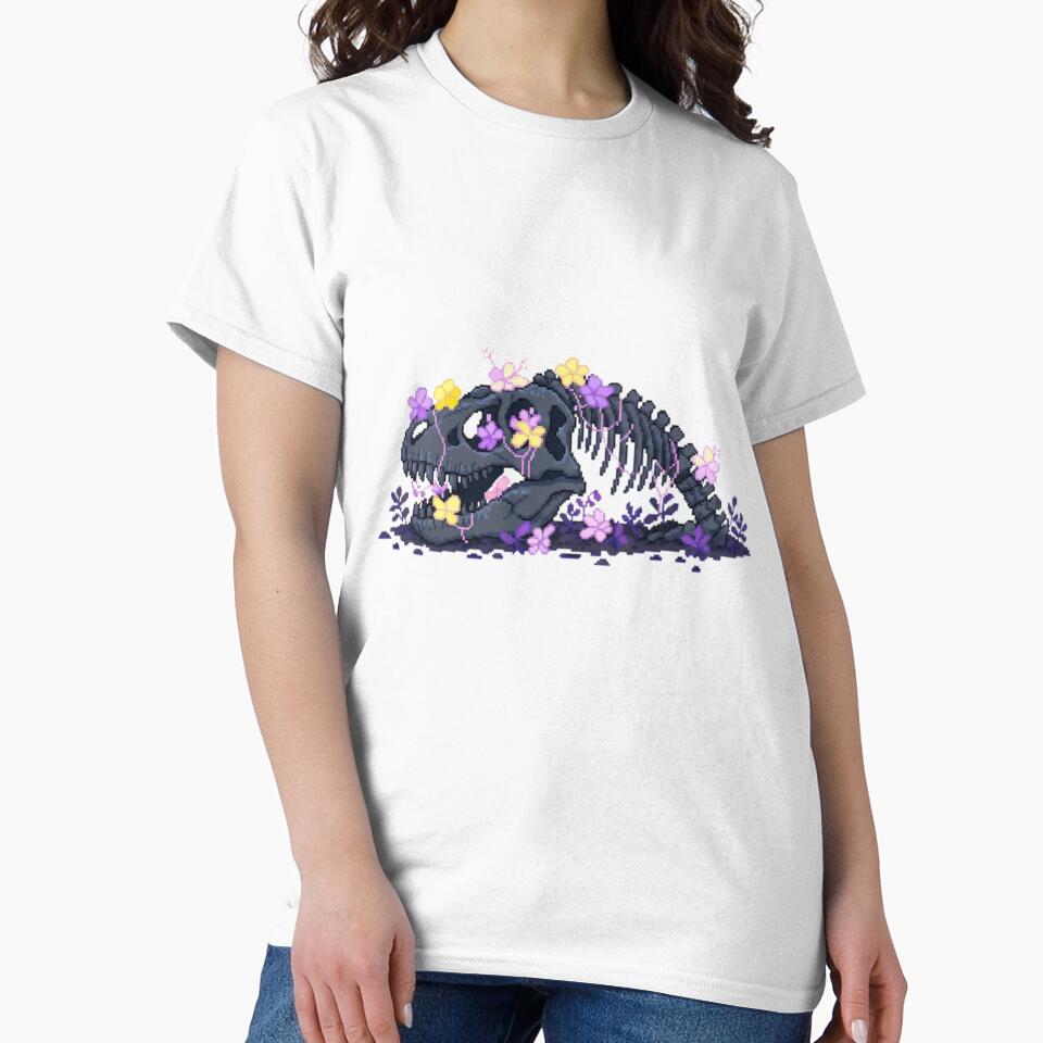 Pixel Dinosaur Skeleton with Blue Flowers | Floral Retro Pixel Art by PunkVerseStudio T-Shirts, Hoodie, Sweatshirt (Image 2)
