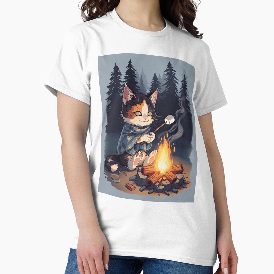 Calico Cat Campfire Stories Marshmallow T-Shirt | Cozy Camping Cat Gift by Falconwolf