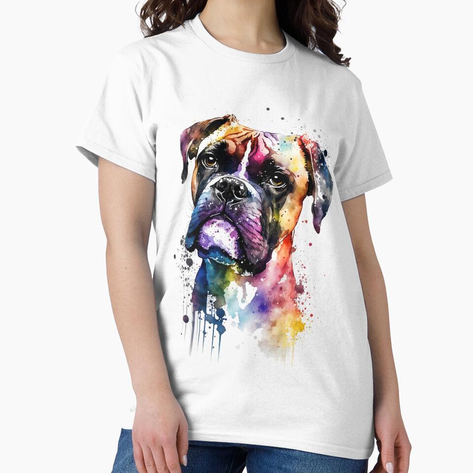 Rainbow Boxer Dog Watercolor Portrait by doglovershirts