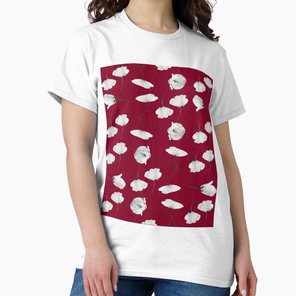 White poppies pattern on dark red background by by-jwp T-Shirts, Hoodie, Sweatshirt | BlankRebels.com (Image 2)