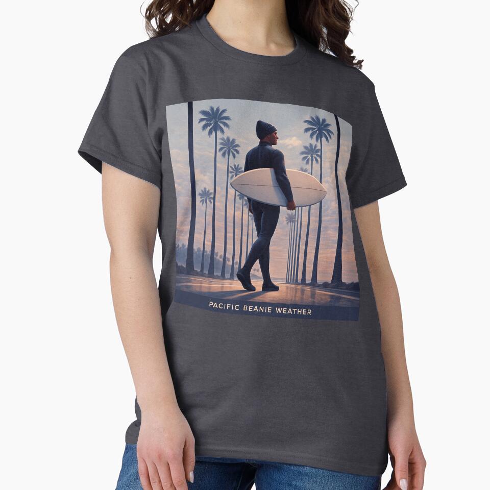 Pacific Beanie Weather Surfer Under Palms California Art by POD DYNASTY T-Shirts, Hoodie, Sweatshirt (Image 2)