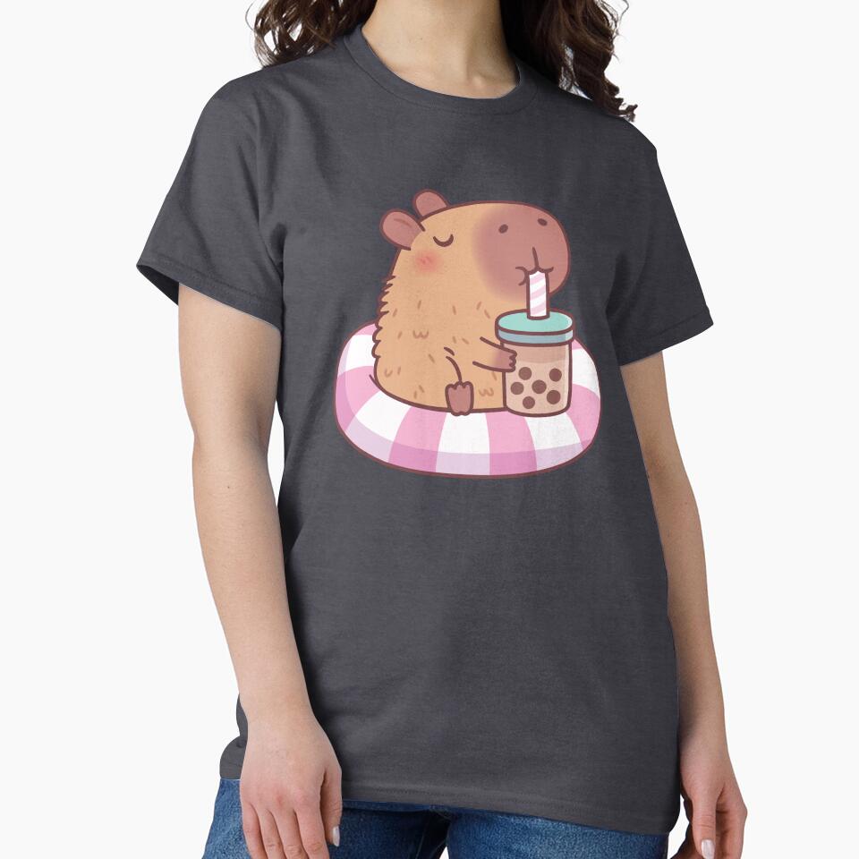 Cute Capybara On Pool Float Drinking Bubble Tea by rustydoodle