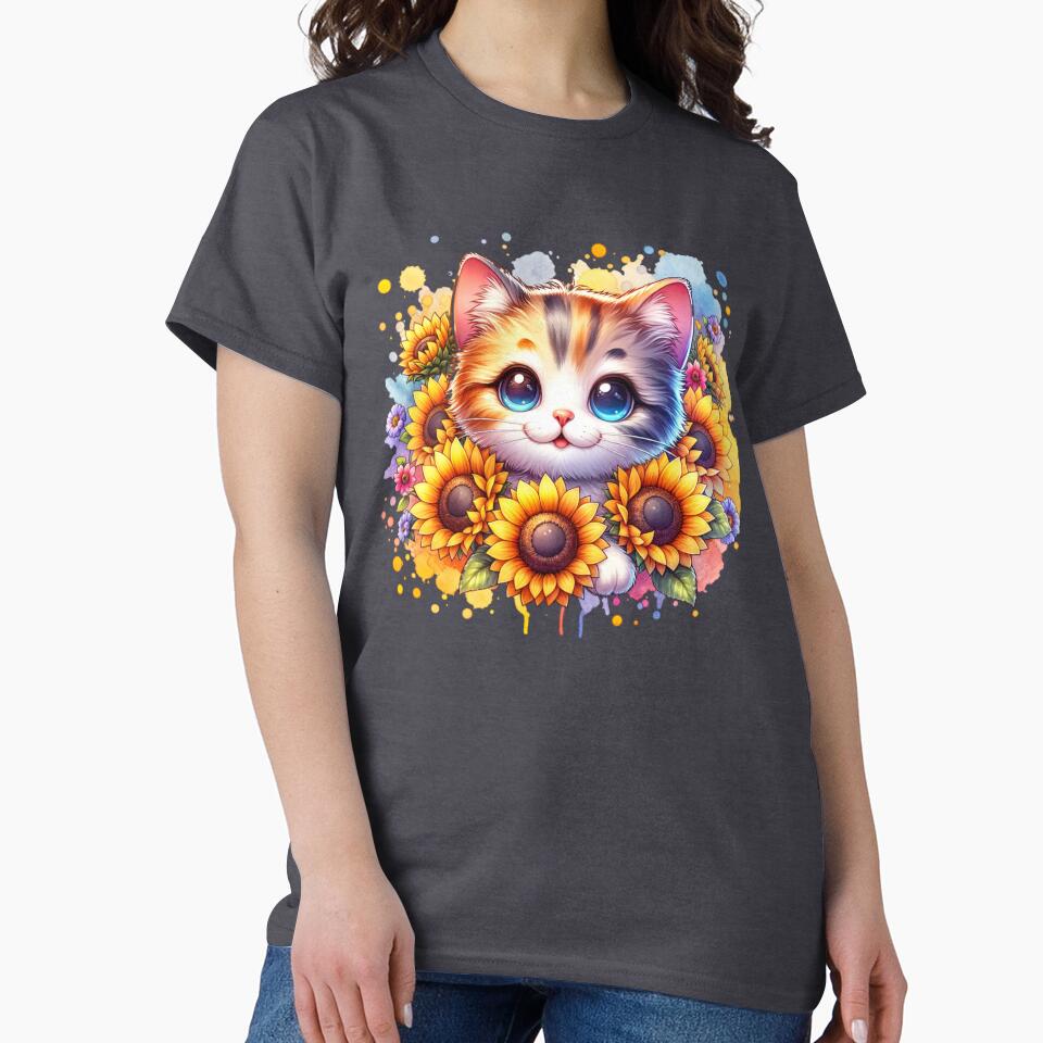 Cute Cat with sunflowers and bees kawaii Floral Watercolor by myrll T-Shirts, Hoodie, Sweatshirt | BlankRebels.com (Image 2)