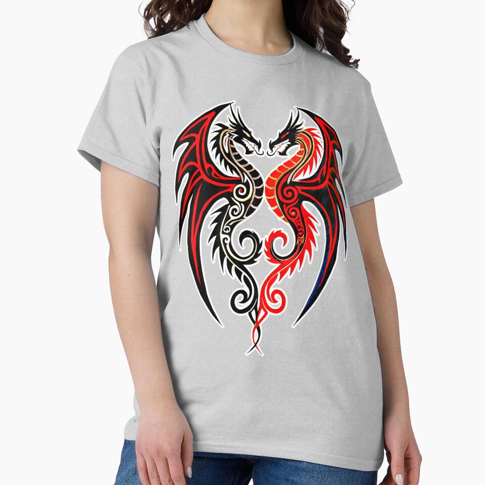 Tribal Twin Dragons – Black & Red Symmetric Heart Art by VikArtStudio T-Shirts, Hoodie, Sweatshirt (Image 2)
