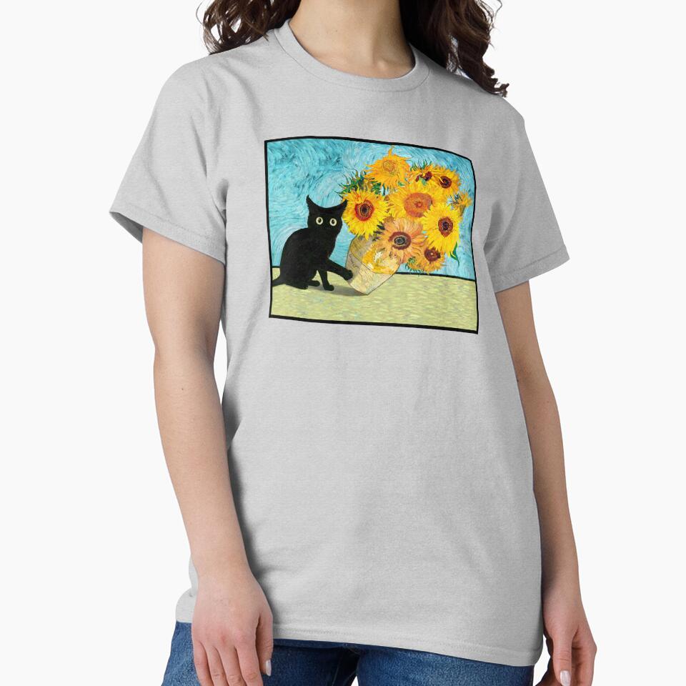 Black Cat Knocking Over Van Gogh Sunflowers Vase Funny Posters Mugs Tees Hoodies Stickers Pins Magnets Cat... (Image 2)