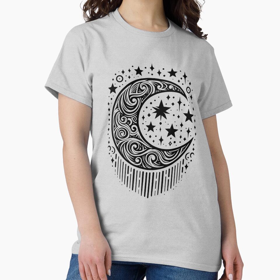 Crescent Moon and Stars Tribal Graphic Tattoo Style Black Lines by twilightmagic T-Shirts, Hoodie, Sweatshirt (Image 2)