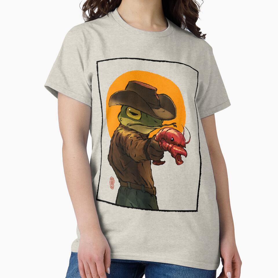gunslinger cowboy western frog with pistol shrimp crawdad artwork drawing with frame by DingHuArt T-Shirts,... (Image 2)