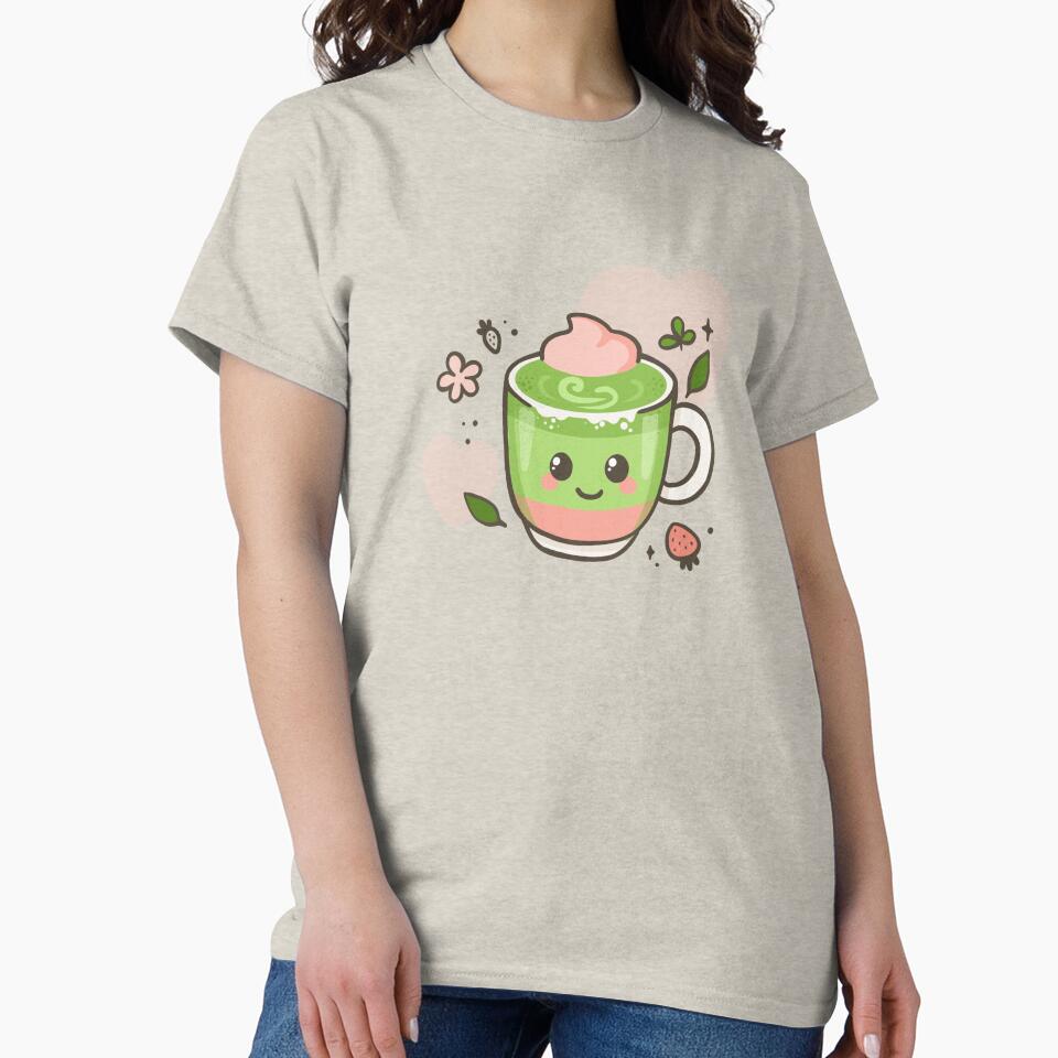 Kawaii Matcha Strawberry Tea – Cute Vector Drink Illustration by Tattyarts T-Shirts, Hoodie, Sweatshirt (Image 2)