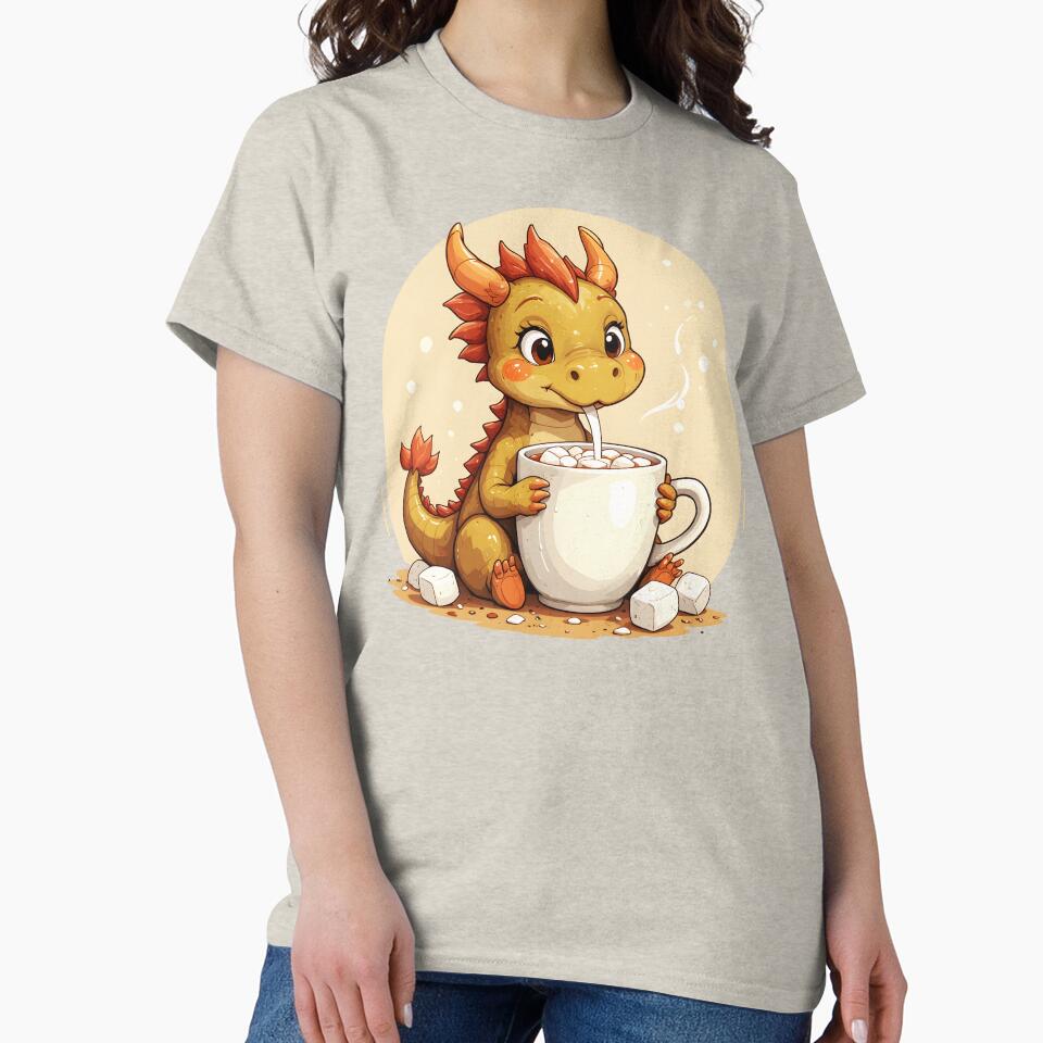 Cute Baby Dragon Drinking Hot Chocolate - Adorable Cozy Kids Kawaii Dragon Design by Amplify-n-Co T-Shirts,... (Image 2)