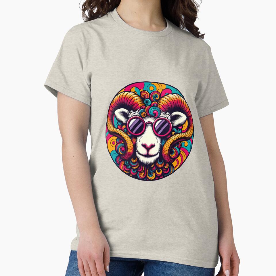 Psychedelic Ram Head with Sunglasses | Groovy Pop Art Sheep Illustration by HBDStudio T-Shirts, Hoodie, Sweatshirt (Image 2)