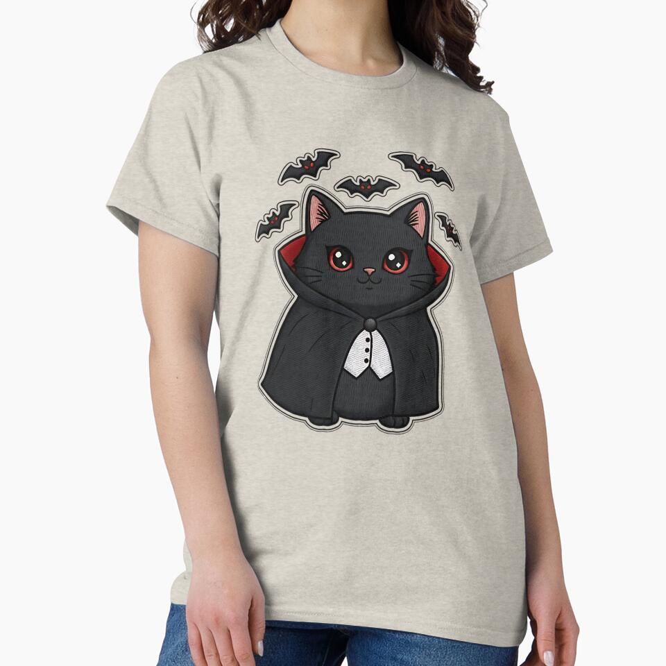 Cute Black Cat Halloween Vampire Costume Bats Spooky Art by ArtDesignTp T-Shirts, Hoodie, Sweatshirt (Image 2)
