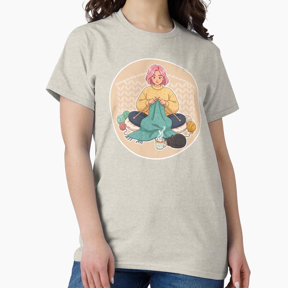 Cozy Knitting Girl with Yarn, Cat, and Tea – Relaxing Craft Illustration by C3J7 T-Shirts, Hoodie, Sweatshirt (Image 2)