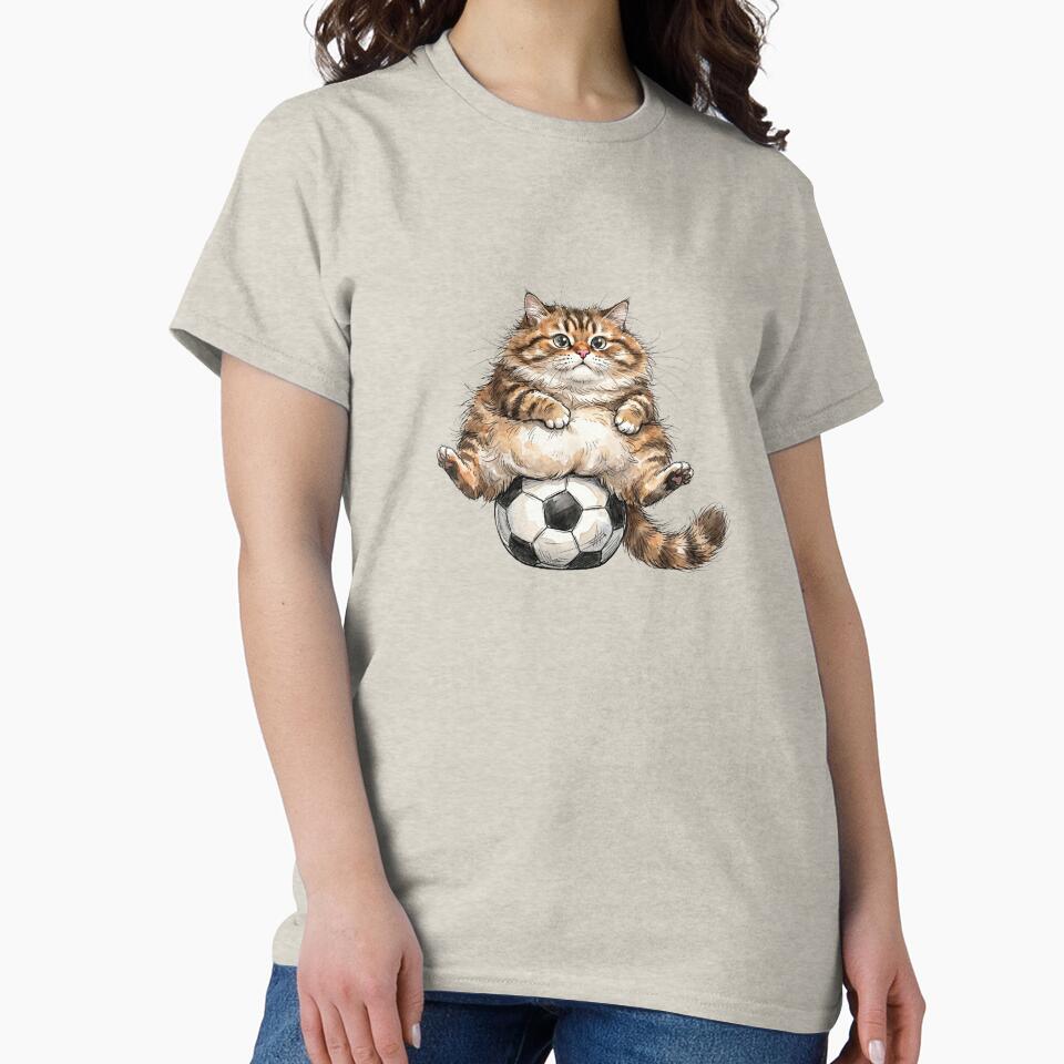Funny Fluffy Tabby Cat Sitting on Soccer Ball Watercolor Art by BreezifyDesignStudio
