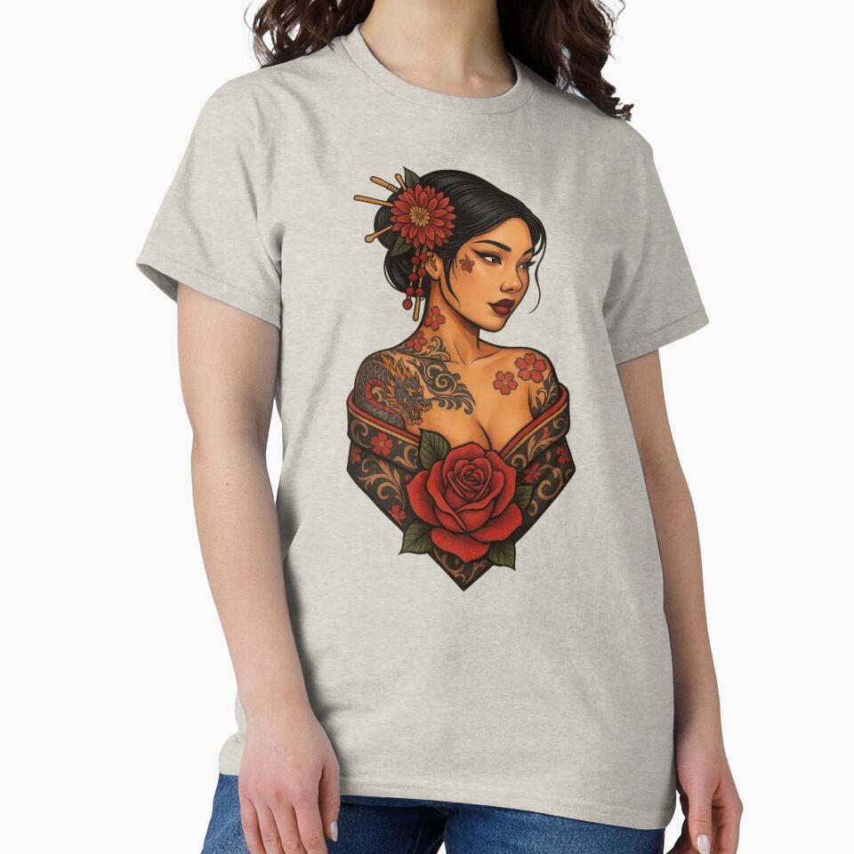 Floral Geisha Tattoo Woman Bold Feminine Design by hussain-dz T-Shirts, Hoodie, Sweatshirt | BlankRebels.com (Image 2)
