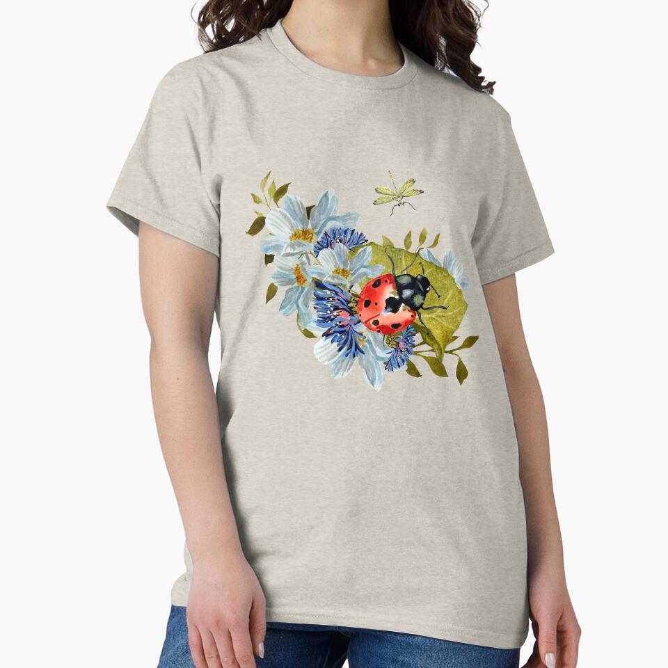 Flower daisy ladybug leaves dragonfly a watercolor beige by Yana Mustafina | Boho Soulful Designs T-Shirts,... (Image 2)