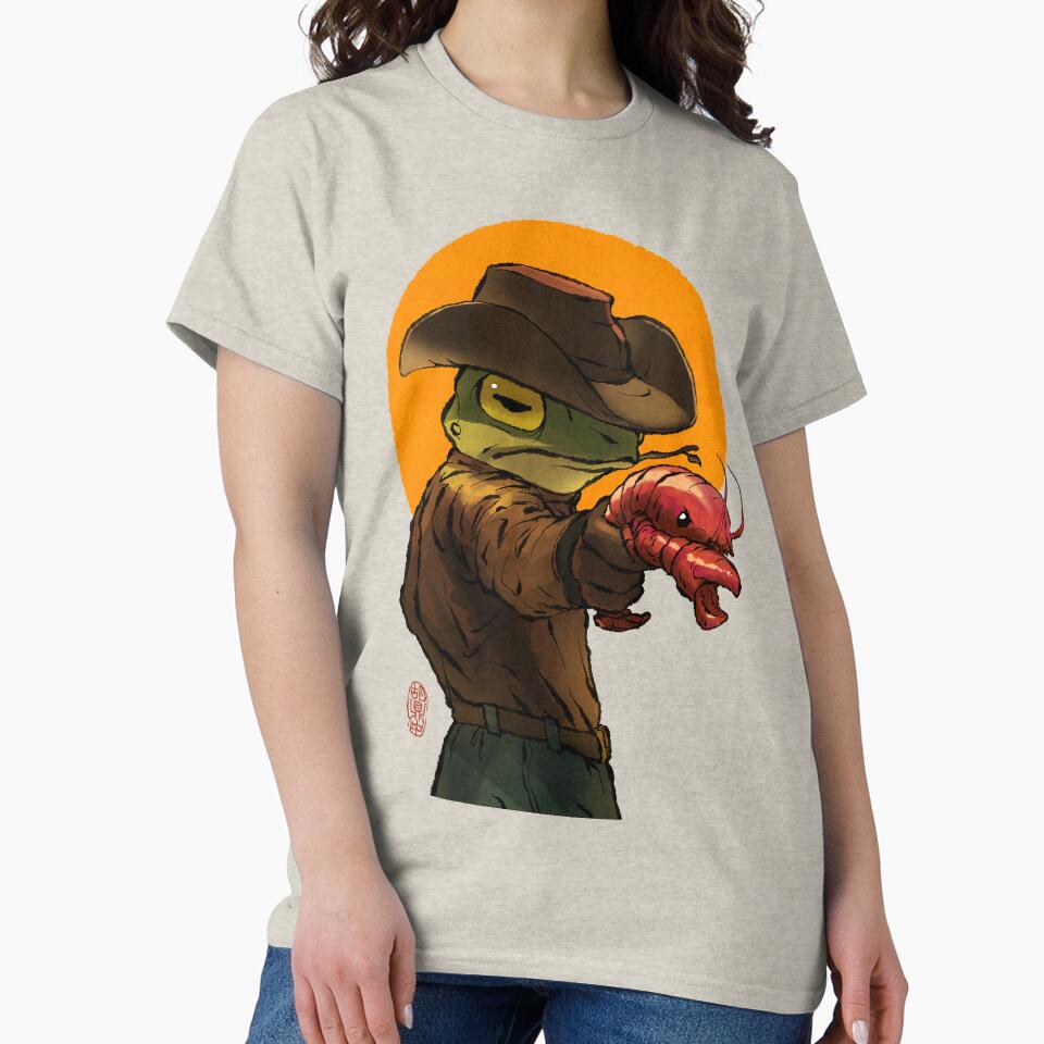 gunslinger cowboy western frog with pistol shrimp crawdad artwork drawing by DingHuArt T-Shirts, Hoodie, Sweatshirt (Image 2)