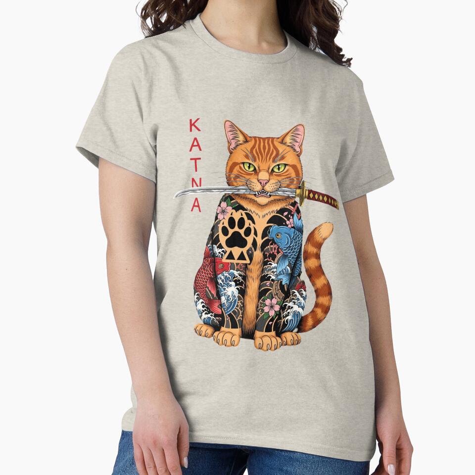 Katana Samurai Cat Tattoo Art – Japanese Koi & Wave Style, Fierce Warrior Cat Illustration by Golden Blaze... (Image 2)