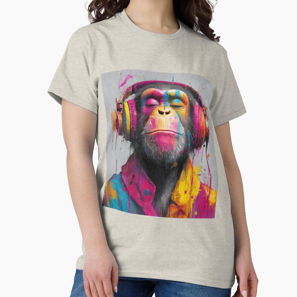 Dj Monkey Thinker Colorful Shiny Strokes With Headphones Art by GrinGalore T-Shirts, Hoodie, Sweatshirt (Image 2)