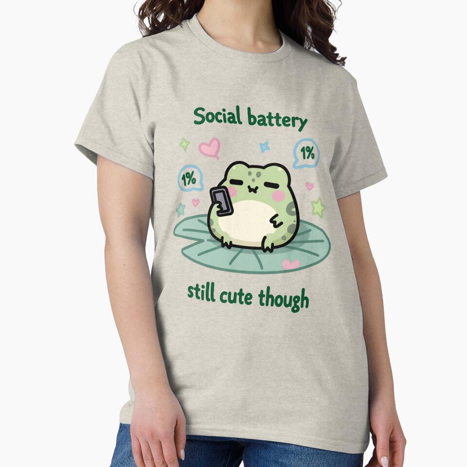 Social Battery 1% Frog Meme Still Cute Though Kawaii Phone Low Battery Cute Frog Sticker T-Shirts, Hoodie, Sweatshirt