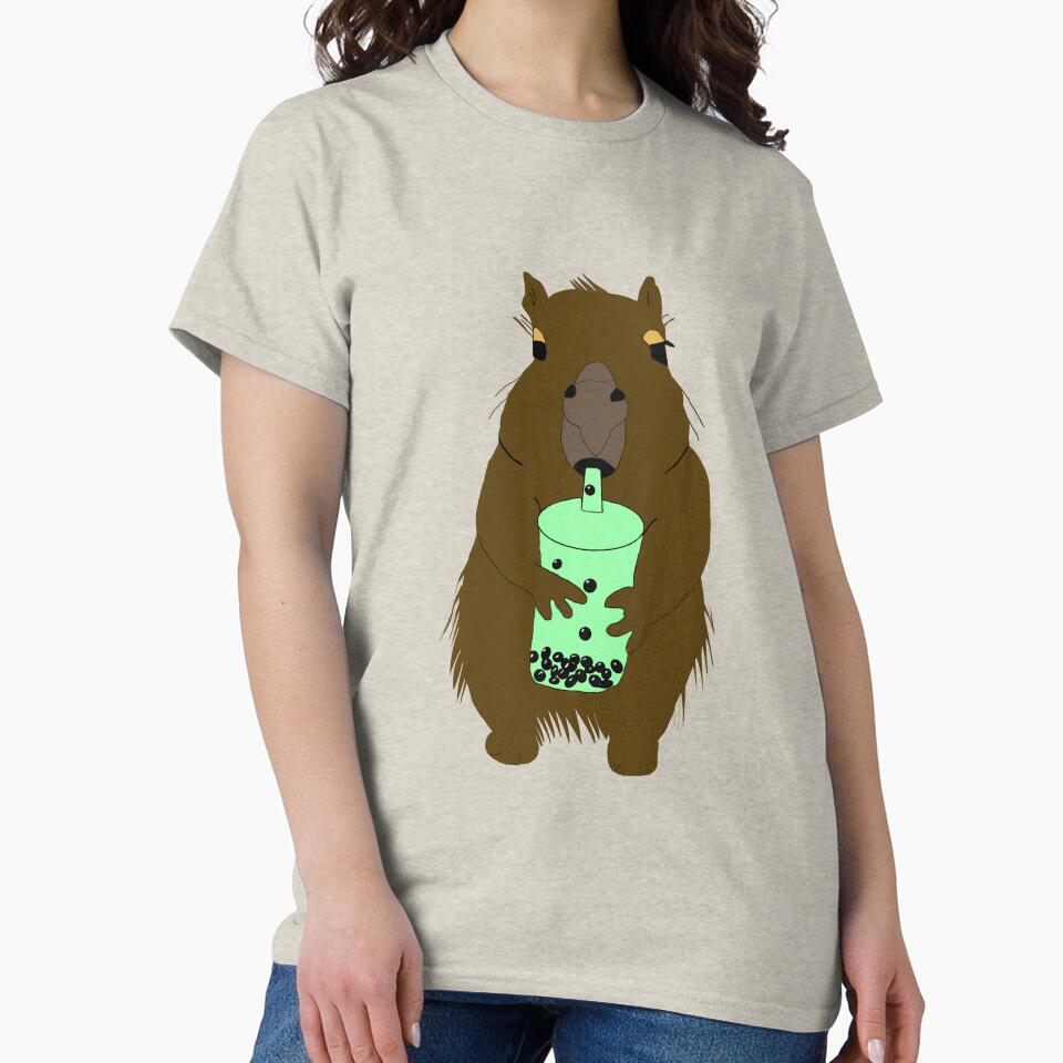 Cute Capybara Drinking Matcha Bubble Tea Illustration by Najomiartstudio T-Shirts, Hoodie, Sweatshirt (Image 2)