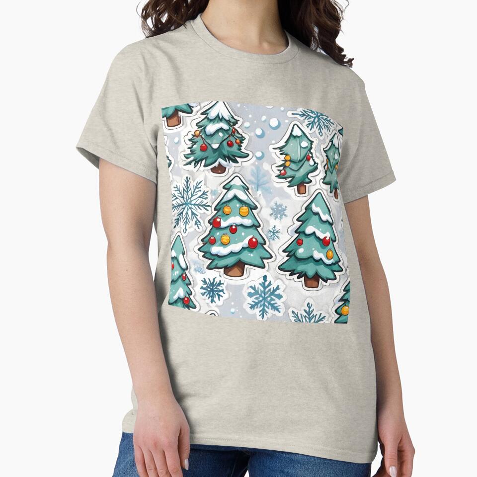 Christmas Trees And Snow Flakes, Sticker Cartoon Style by PlanetMarker T-Shirts, Hoodie, Sweatshirt (Image 2)