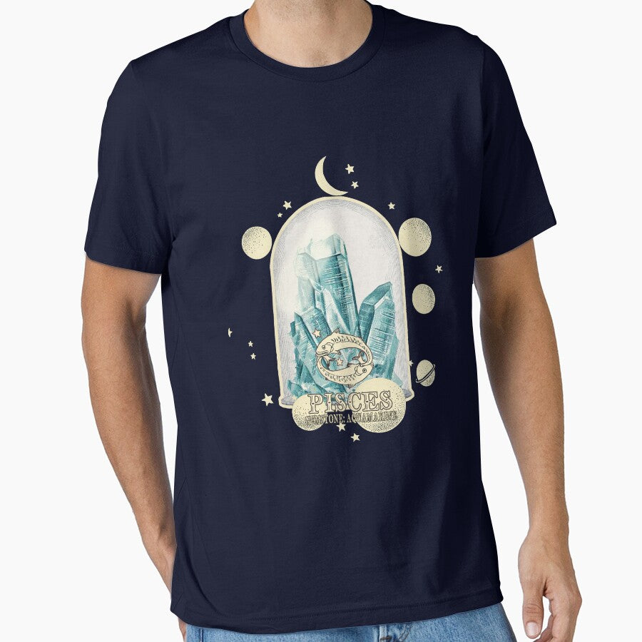 Pisces Gemstone: Aquamarine crystal. Astral design. Black version by MINDTHECHERRY T-Shirts, Hoodie, Sweatshirt (Image 1)