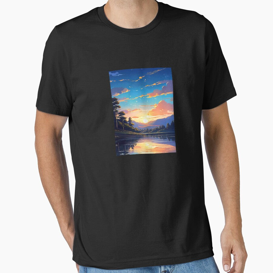 Sunset Over the Lake – Serene and Reflective Lake Sunset Art with Golden and Warm Hues by UniGift T-Shirts,... (Image 1)