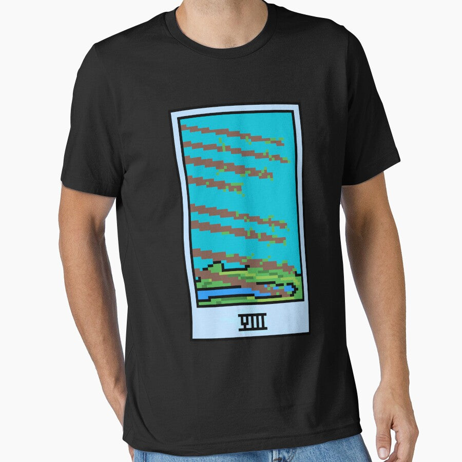 Wait, is this pixel art tarot? Black - Minor Arcana 'Eight of Wands' (Design for T-shirt, stickers and other... (Image 1)