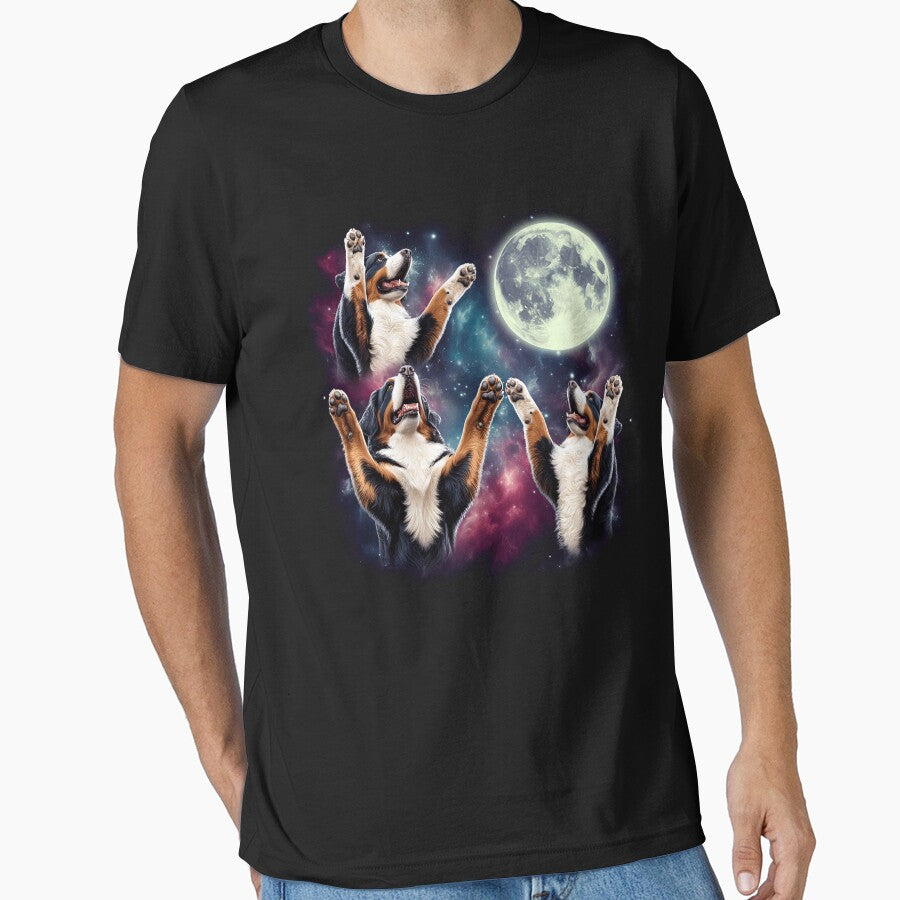 Three Bernese Mountain Dogs Howling at Moon Funny Weird Cursed Meme by Kimberley King Art  King Art T-Shirts,... (Image 1)