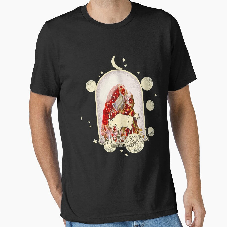 Capricorn Gemstone: Garnet crystal. Astral design. Black version by MINDTHECHERRY T-Shirts, Hoodie, Sweatshirt (Image 1)