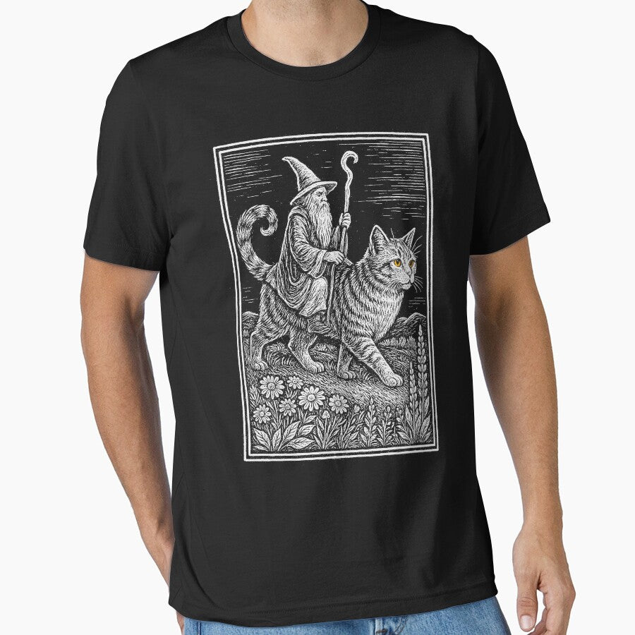 Wizard Cat Rider Vintage Shirt, Retro Fantasy Sweater, Medieval Sorcerer Shirt, Funny Cat Meme Shirt, Dark Art Fairycore Gift, Unisex by Rosqzz