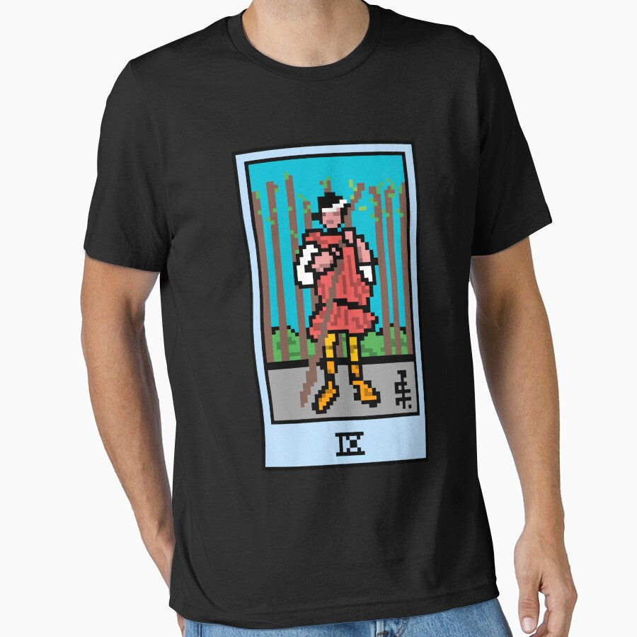 Wait, is this pixel art tarot? Black - Minor Arcana 'Nine of Wands' (Design for T-shirt, stickers and other... (Image 1)