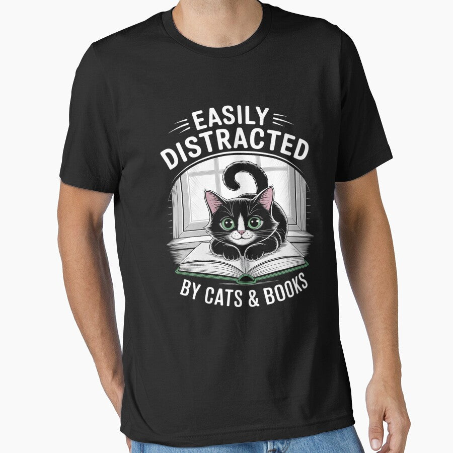 Easily Distracted By Cats & Books Black Cat And Book Lover by KingsLife1994 T-Shirts, Hoodie, Sweatshirt (Image 1)