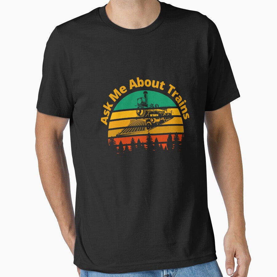 Ask Me About Trains Retro Sunset Steam Engine Railroad, by TheTrainRoom T-Shirts, Hoodie, Sweatshirt (Image 1)