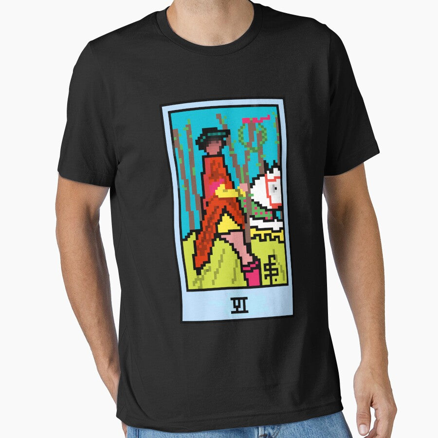 Wait, is this pixel art tarot? Black - Minor Arcana 'Six of Wands' (Design for T-shirt, stickers and other... (Image 1)
