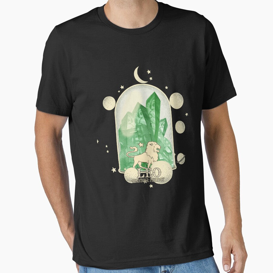 Leo Gemstone: Peridot crystal. Astral design. Black version by MINDTHECHERRY T-Shirts, Hoodie, Sweatshirt (Image 1)