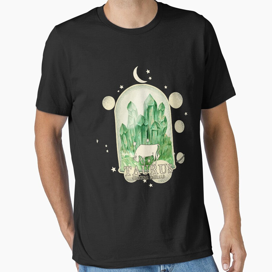 Taurus Gemstone: Emerald crystal. Astral design. Black version by MINDTHECHERRY T-Shirts, Hoodie, Sweatshirt (Image 1)