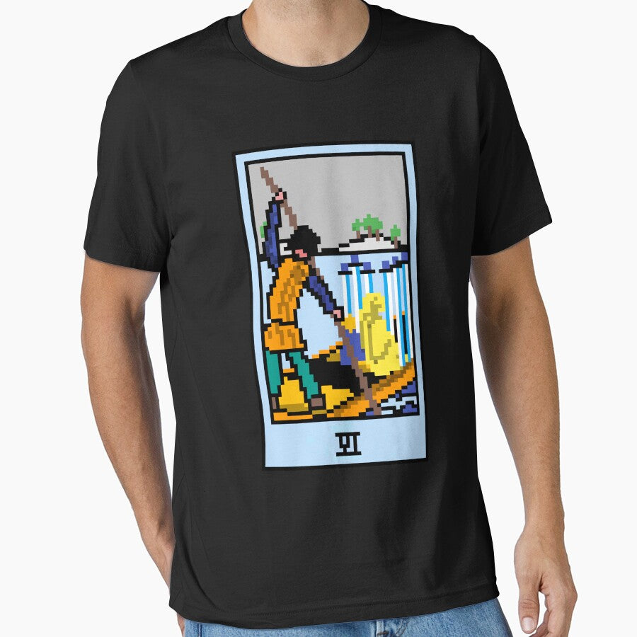 Wait, is this pixel art tarot? Black - Minor Arcana 'Six of Swords' (Design for T-shirt, stickers and other... (Image 1)