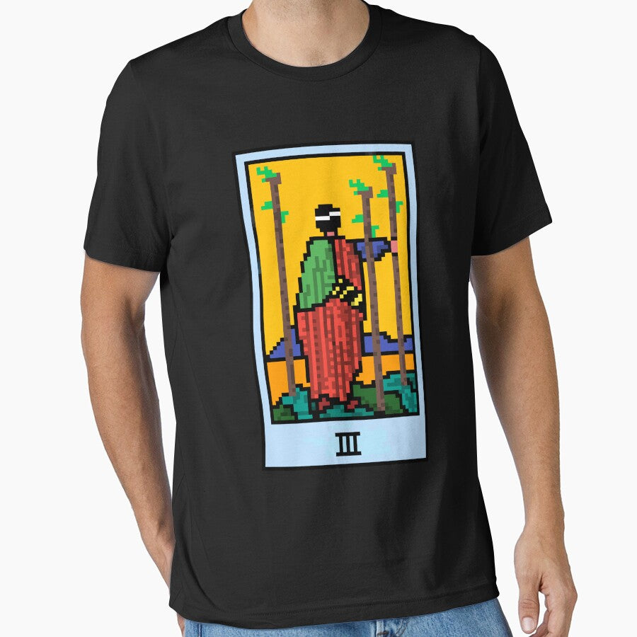 Wait, is this pixel art tarot? Black - Minor Arcana 'Three  of Wands' (Design for T-shirt, stickers and other... (Image 1)