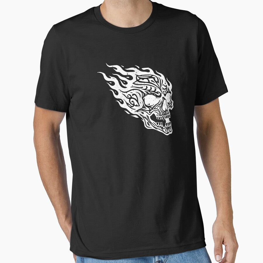 Flaming Skull Tattoo Art Design White 3/4 by Skulls & Calaveras T-Shirts, Hoodie, Sweatshirt | BlankRebels.com (Image 1)